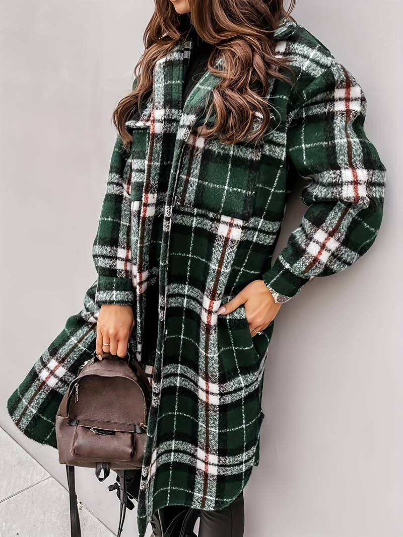 Nina Vrouwelijke geruite jas met een warme overjas ontwerp en praktische zakken. Deze jas is perfect voor een modieuze en comfortabele uitstraling tijdens de koudere maanden.