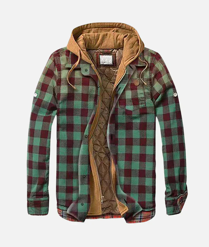 Jasper - Heren warme patchwork jas met een kleurrijk geruit patroon, voorzien van een comfortabele gewatteerde voering en capuchon. Ideaal voor outdooractiviteiten en koud weer.