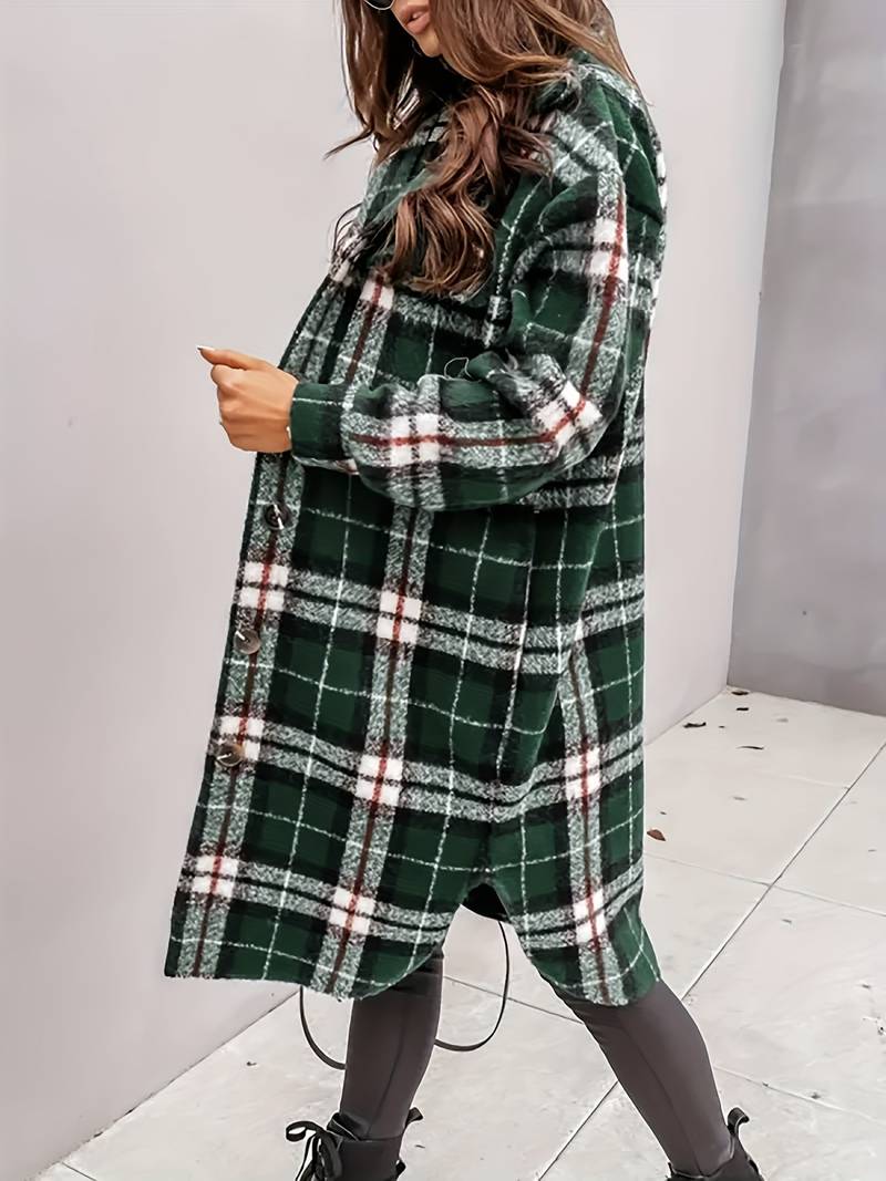 Nina Vrouwelijke geruite jas met een warme overjas ontwerp en praktische zakken. Deze jas is perfect voor een modieuze en comfortabele uitstraling tijdens de koudere maanden.
