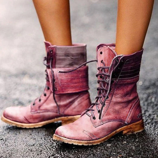 Sanne - Stoere Leren Veterlaarzen met Vintage Look
