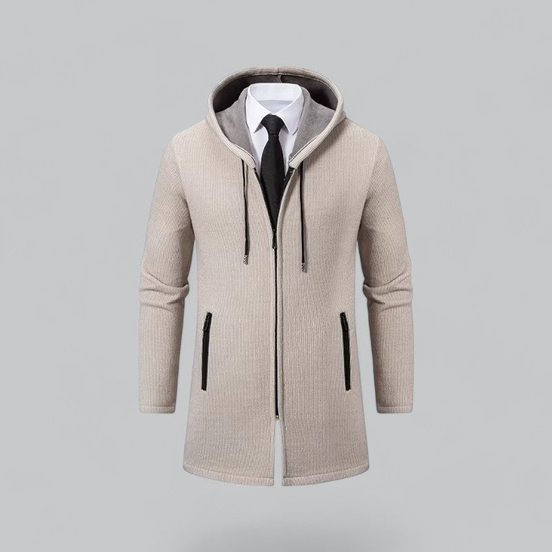 Luxe heren kasjmier jas met ritssluiting en capuchon.