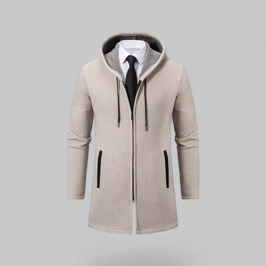 Luxe heren kasjmier jas met ritssluiting en capuchon.