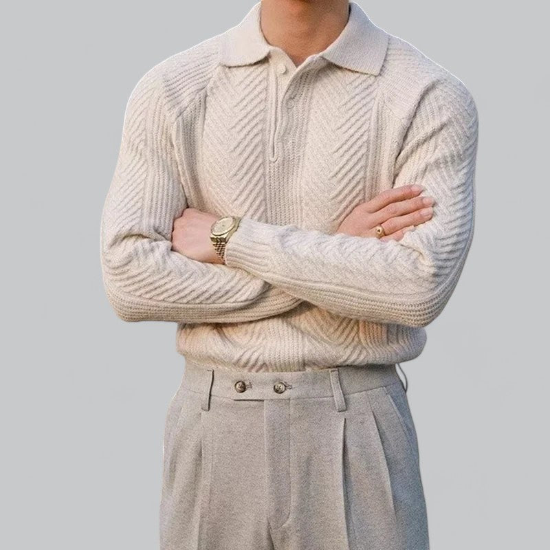 Luxe heren polo trui met een verfijnd gebreid patroon.