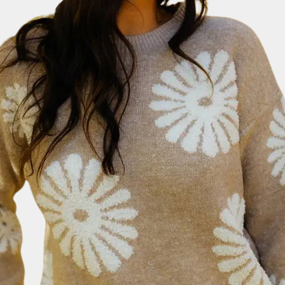 Noëlle | Dames Gebreide Trui Met Bloemmotief | Beige