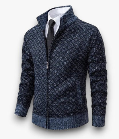 Stijlvol heren jacquard vest met verfijnd patroon en ritssluiting.