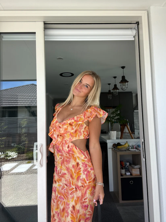 Sienna | Dames lange zomerjurk met uitsneden | Oranje