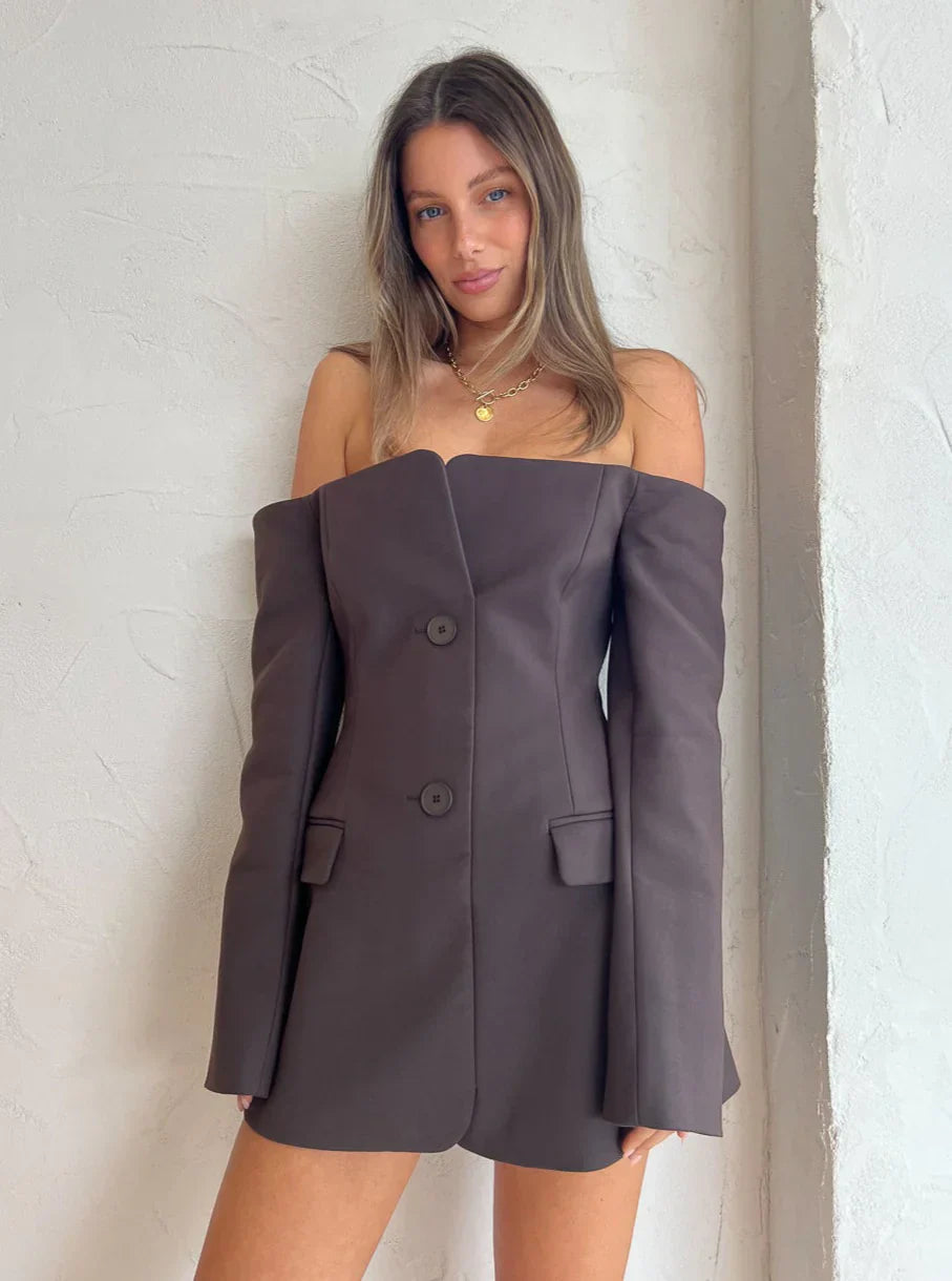 Valeria | Dames off-shoulder blazerjurk | Zwart