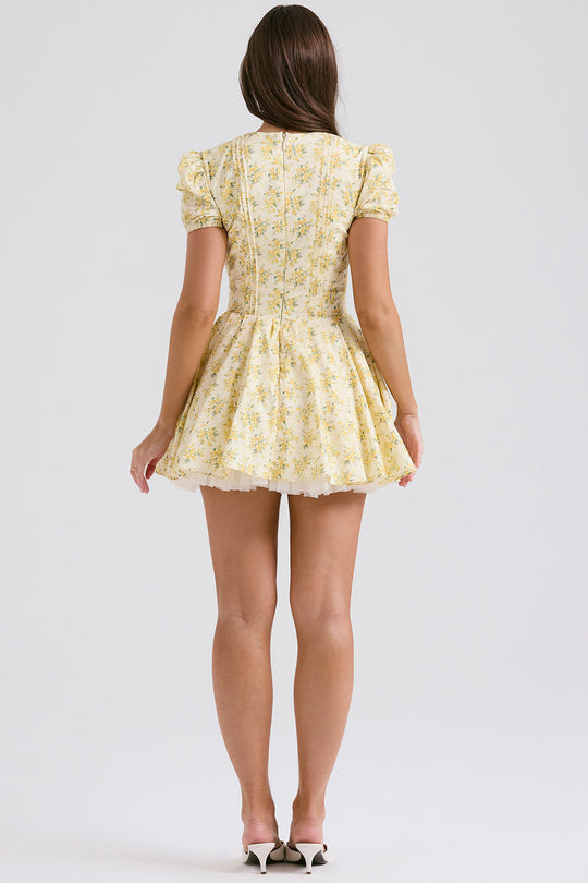 Marije | Zomerse mini-jurk voor dames met bloemenprint | Geel