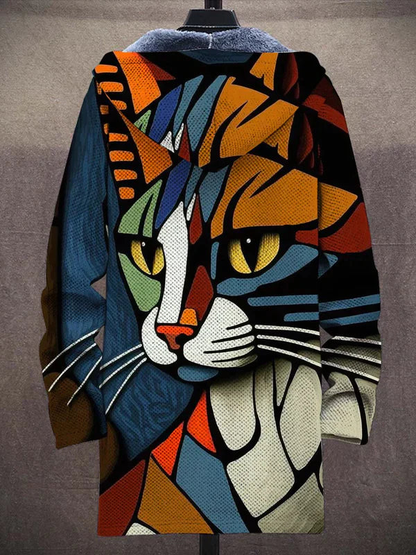 Michel - Artistiek herenjack met een opvallende dierenprint van een kleurrijke kat in abstracte stijl. Dit lange jack is een unieke en stijlvolle keuze voor mannen die van kunstzinnige en expressieve mode houden.
