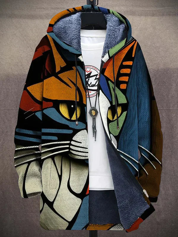 Michel - Artistiek herenjack met een opvallende dierenprint van een kleurrijke kat in abstracte stijl. Dit lange jack is een unieke en stijlvolle keuze voor mannen die van kunstzinnige en expressieve mode houden.