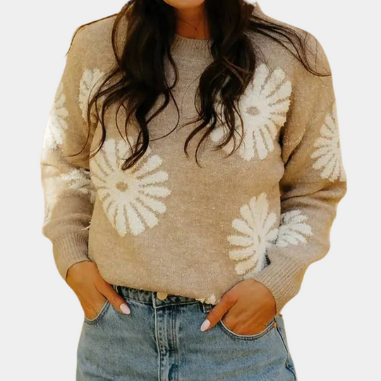 Noëlle | Dames Gebreide Trui Met Bloemmotief | Beige
