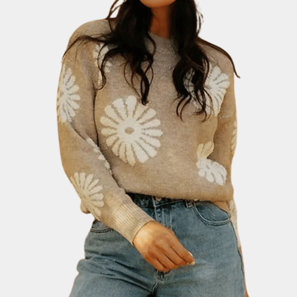Noëlle | Dames Gebreide Trui Met Bloemmotief | Beige