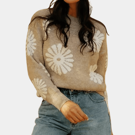 Noëlle | Dames Gebreide Trui Met Bloemmotief | Beige